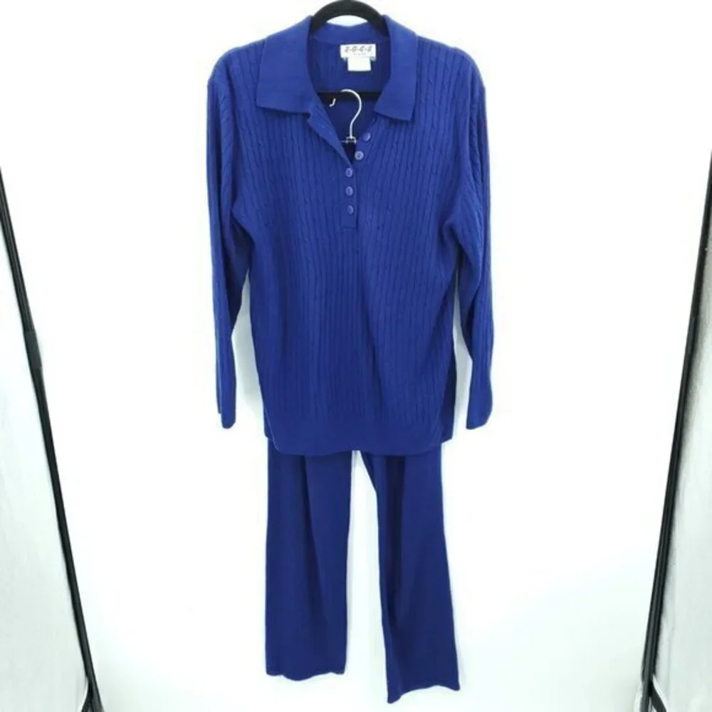 VTG 90s Matching Knit Polo Sweater/Pull On Full Length Straight Pants Set M Blue